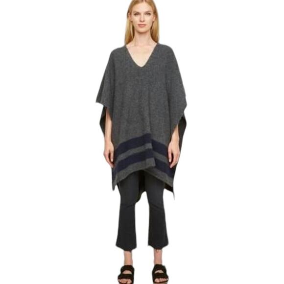 Jenni Kayne Stripe Poncho In Charcoal Navy One Size Italian Wool Yak Blend - Picture 3 of 12
